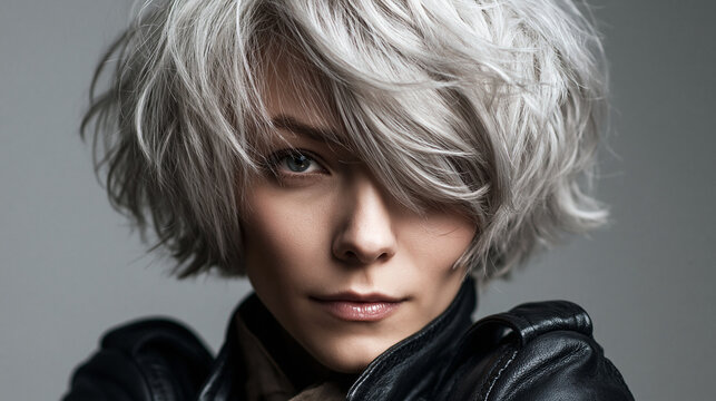 Woman with textured silver bob haircut styling, looking confidently, wearing leather jacket