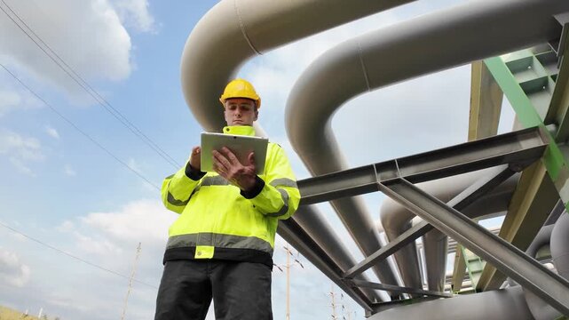 Industrial worker in high-visibility jacket checks tablet near large pipes