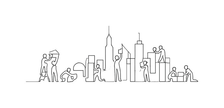 Collaborative Cityscape Design. Crowdsourced cities. Minimalistic one-line drawing a city skyline with