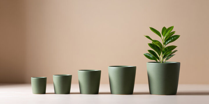 Green plant growth in ceramic pots