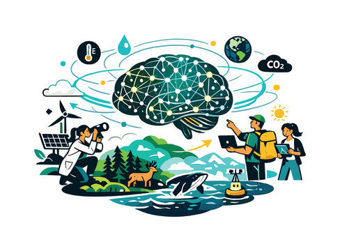 AI for sustainability. A digital brain hovering over forests and oceans, glowing with data