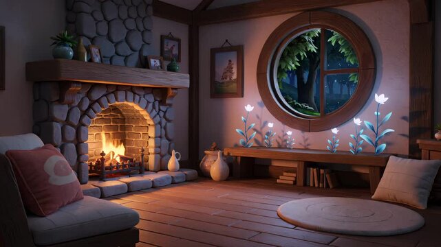 Cozy fantasy cottage interior with a warm fireplace and glowing plants