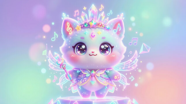 Cute pastel cat with glowing wings, crown, and musical notes floating in a magical dreamy background with sparkles and soft colors.