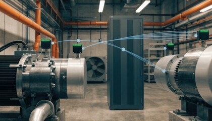 Naklejka premium Medium shot capturing cloudconnected IoT compressor modules streaming performance metrics to a centralized remote dashboard for predictive maintenance.