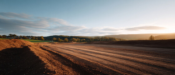 Fototapeta premium Sunlit freshly plowed agricultural field landscape