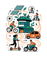 Naklejka premium Eco-Friendly Transit Hub. Eco-Friendly Transportation Hubs. Stylized terminal with floating solar panels,
