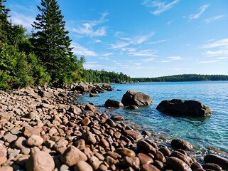 Obraz premium Rocky shoreline with calm blue water and lush green trees under a bright sky