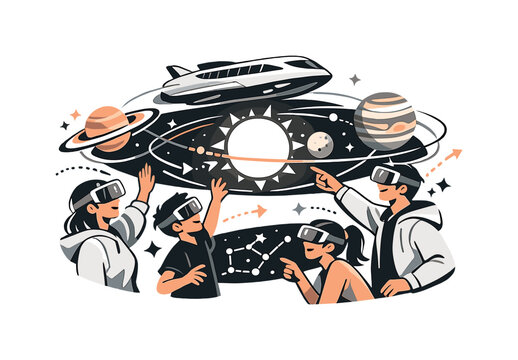 Galactic AR Adventure. Galactic sightseeing. Tourists using AR visors to view constellations and planets in