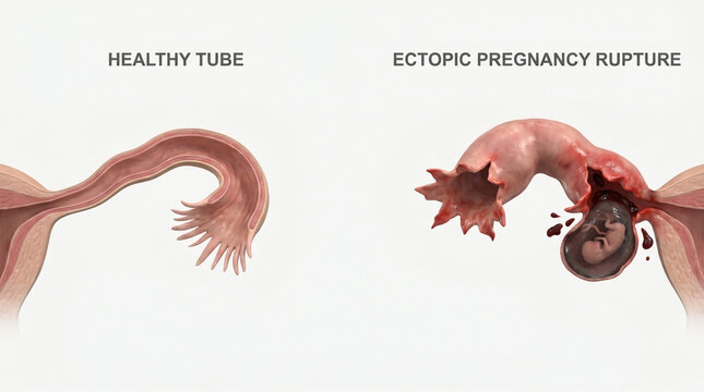 Ectopic Pregnancy Rupture vs Healthy Fallopian Tube 3D Illustration