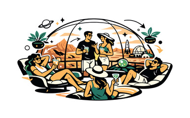 Fototapeta premium Mars leisure domes. Vacationers relaxing inside transparent biodomes under red skies.