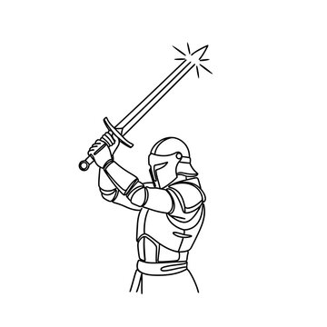 Medieval Knight Holding Shining Sword Up High, Line Art Warrior Illustration