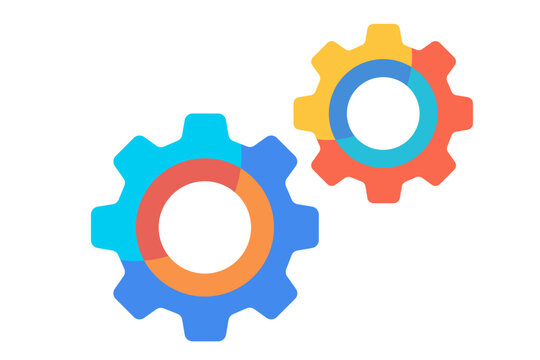 Pair of colorful gears with segmented design. Engineering mechanism and machinery concept. Industrial technology and innovation illustration