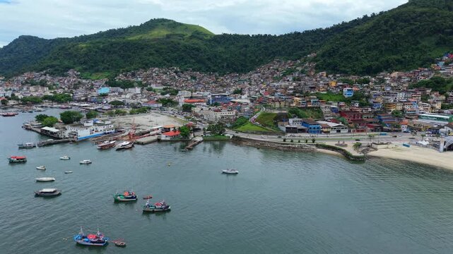 Aerial view of Angra dos Reis port with vibrant hills and serene water