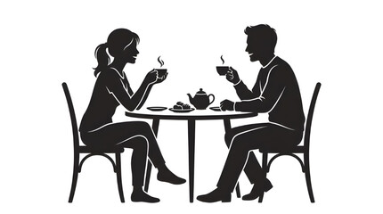 Fototapeta premium Elegant black and white silhouette illustration of a couple enjoying a peaceful tea or coffee break together at a table, symbolizing relaxation and social connection