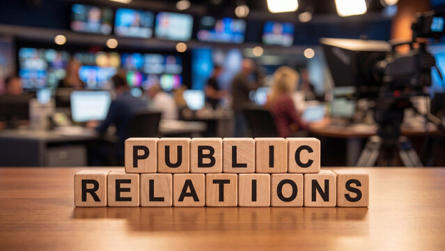 Public relations strategy concept with stacked wooden blocks listing social media radio events feedback reputation trust information and communication for corporate brand management