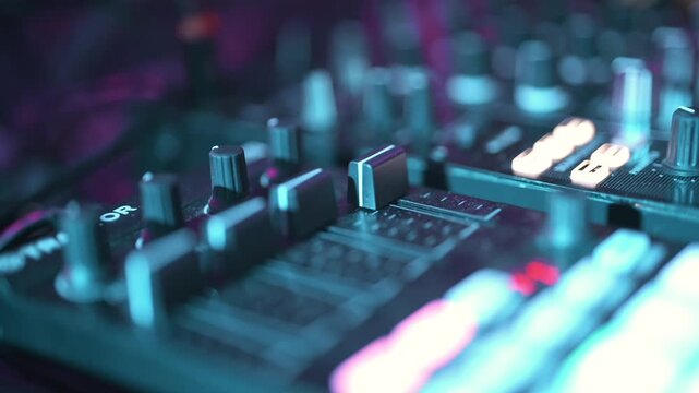 Macro shot of a DJ's hand adjusting the volume fader on a professional mixing console under vibrant purple and neon club lighting.