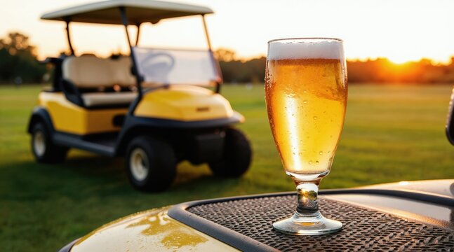 Glass of beer sits on golf cart dashboard at sunset. Yellow golf buggy parked on green grass field. Refreshing drink for golfers after game.