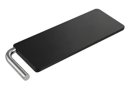 Sleek black laptop cooling pad with metallic hinge isolated on transparent background
