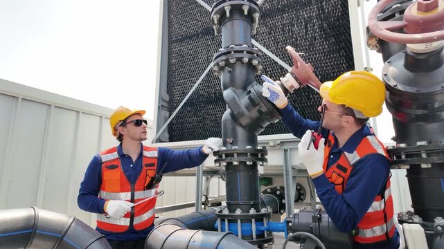 Industrial worker in safety gear inspecting large pipes and machinery on a rooftop