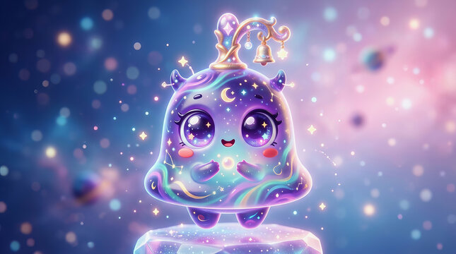 Cute purple space creature with galaxy pattern and starry background, digital art illustration of a whimsical alien character