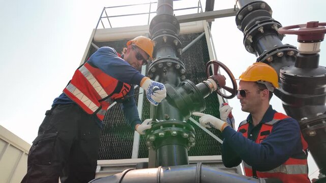 Industrial worker operating large valve system with safety gear and tools