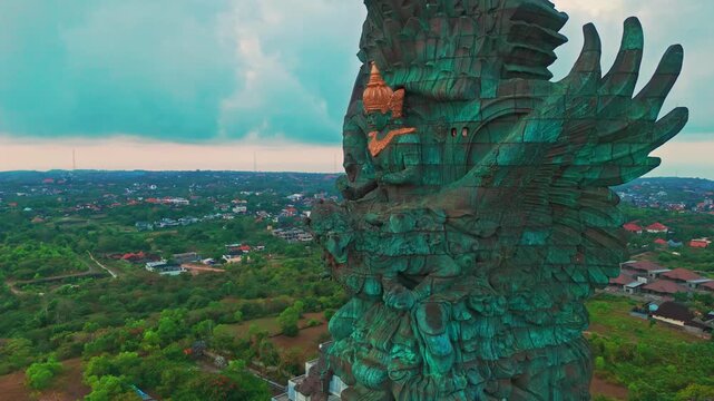 Majestic Garuda Wisnu Kencana GWK cultural statue close up drone shot, Bali landmark 4K