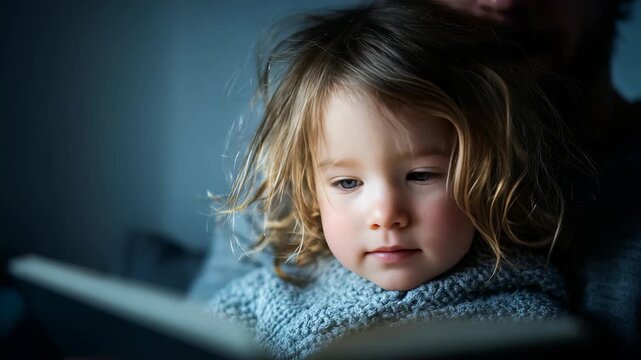 A cute little girl with wavy hair is deeply focused on a book, illuminated by gentle daylight. This serene portrait highlights innocence, imagination, and the joy of reading at home