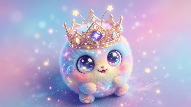Cute round creature with large eyes wearing a golden crown with purple gem against a magical pastel background with sparkles
