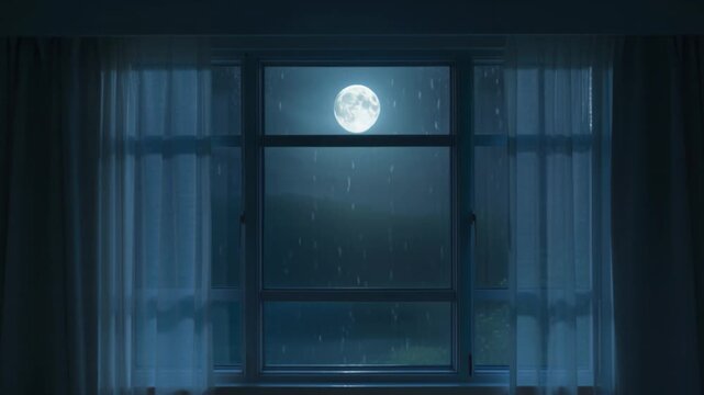 Full moon shining through rainy window pane at night with curtains