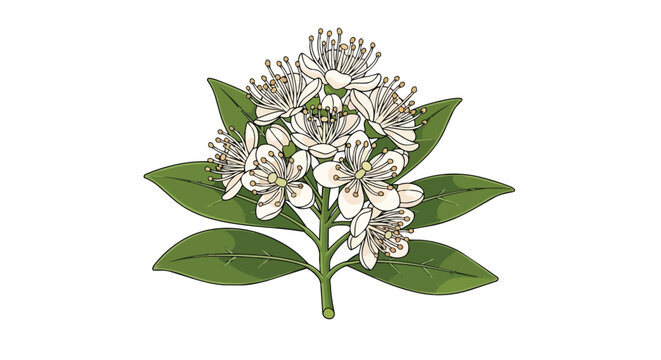 Detailed botanical illustration of blooming white flowers with green leaves and delicate stamens on a white background