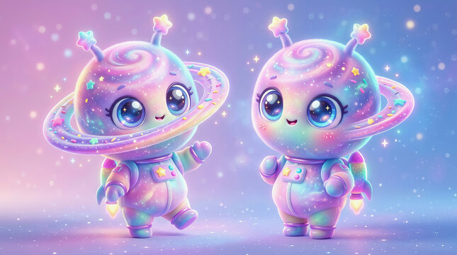 Two cute cartoon alien characters with glowing rings and starry heads stand in a magical galaxy background filled with sparkles and soft light.