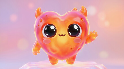 Fototapeta premium Cute 3D animated heart character with big eyes and small horns standing on a glowing platform against a soft pink and purple bokeh background.