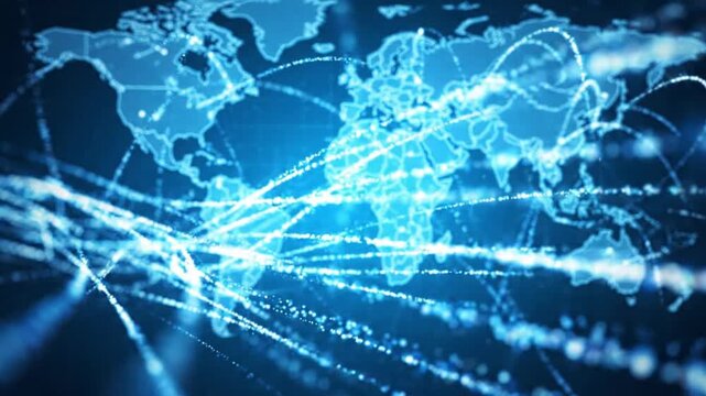 Abstract digital world map with glowing light trails representing global connectivity and data transmission