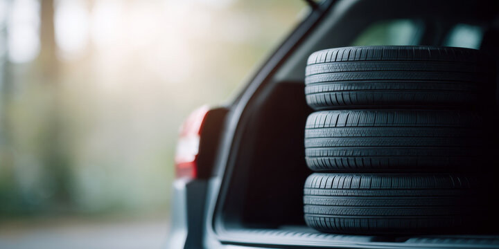 Stack of car tires in vehicle trunk
