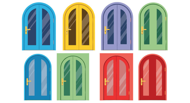 Collection of eight arched double doors with glass panels are shown in a variety of vibrant colors including blue yellow purple and red.