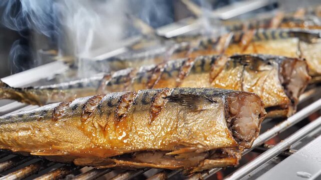 Delicious Mackerel Fish Grilling on an Outdoor Barbecue.