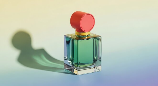 Clear Glass Perfume Bottle with Red Cap and Green Liquid on Gradient Background Product Shot