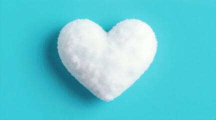 Fototapeta premium White fluffy heart shape cloud on blue background. Minimalist composition symbolizes love, purity, comfort, peace and gentle emotion. Light, airy texture.