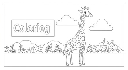 Fototapeta premium Cute Giraffe Coloring Page with Safari Landscape for Kids. Cartoon outline drawing of an animal in nature.