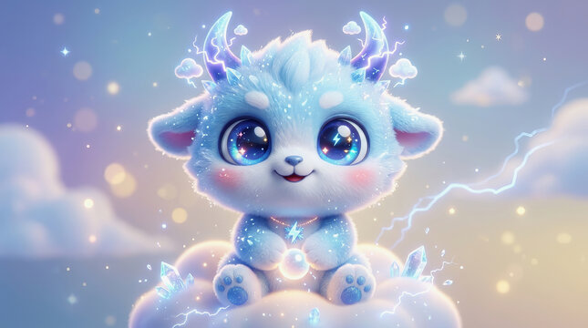 Cute blue fantasy creature with glowing horns and lightning effects sitting on a fluffy cloud in a magical sky background.