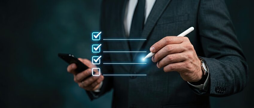 Efficient task management strategies for business professionals office environment digital checklists modern workspace focused viewpoint productivity enhancement
