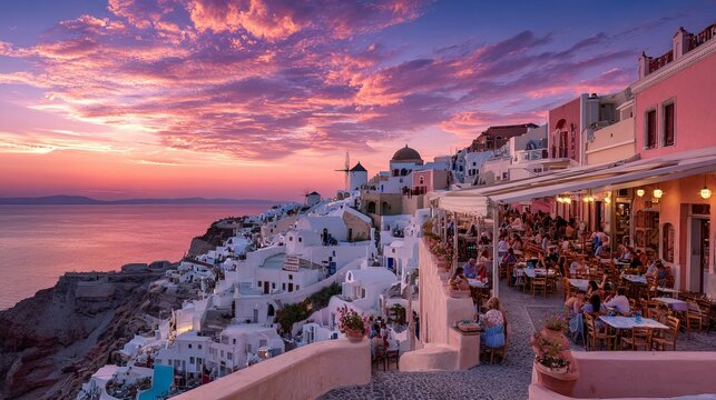 Island visitors enjoy Santorini's sunset, with its famous caldera views and colorful clouds. Romance abounds in this dream Greek cityscape.