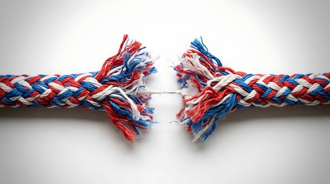 A red, white, and blue rope with a frayed break in the middle on a gray background