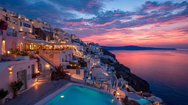 Island visitors enjoy Santorini's sunset, with its famous caldera views and colorful clouds. Romance abounds in this dream Greek cityscape.