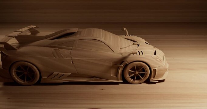 High performance sports car rendered in realistic wooden material with dramatic motion blur.