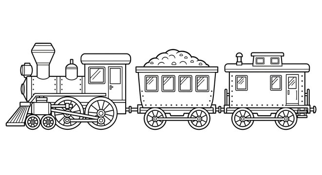 Vintage Steam Train Cartoon Outline. Locomotive, coal car, and caboose line art illustration. Black and white for coloring book.