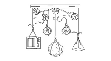 Naklejka premium Physics illustration of various pulley systems with different loads, demonstrating mechanical advantage principles