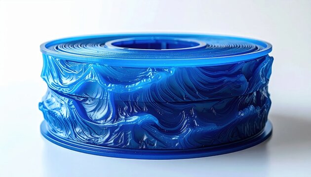 Isolated 3d printing blue filament spool with intricate flowing wave texture, plastic material for additive manufacturing, industrial prototyping supply