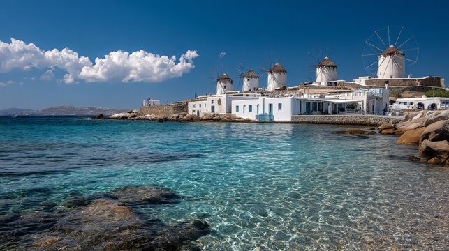 Iconic windmills on Mykonos island, in the Cyclades region of Greece, stand proudly.