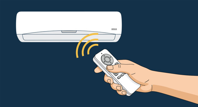 Person uses a white remote control to adjust the temperature settings of a wall mounted air conditioning unit at home.